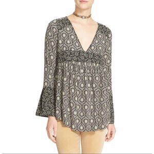 Free People Rolling Hills Printed Tunic Women's XS V Neck Black Boho Festival
